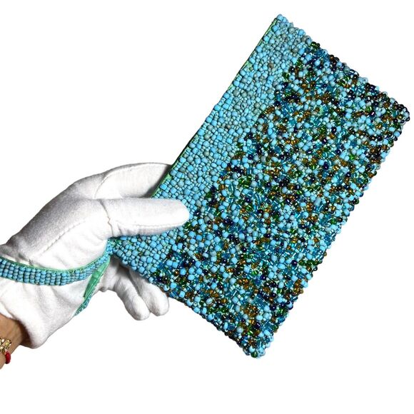Handcrafted Beaded Clutch Bag Turquoise & Brown Beads Boho Chic Evening Purse - Picture 9 of 9